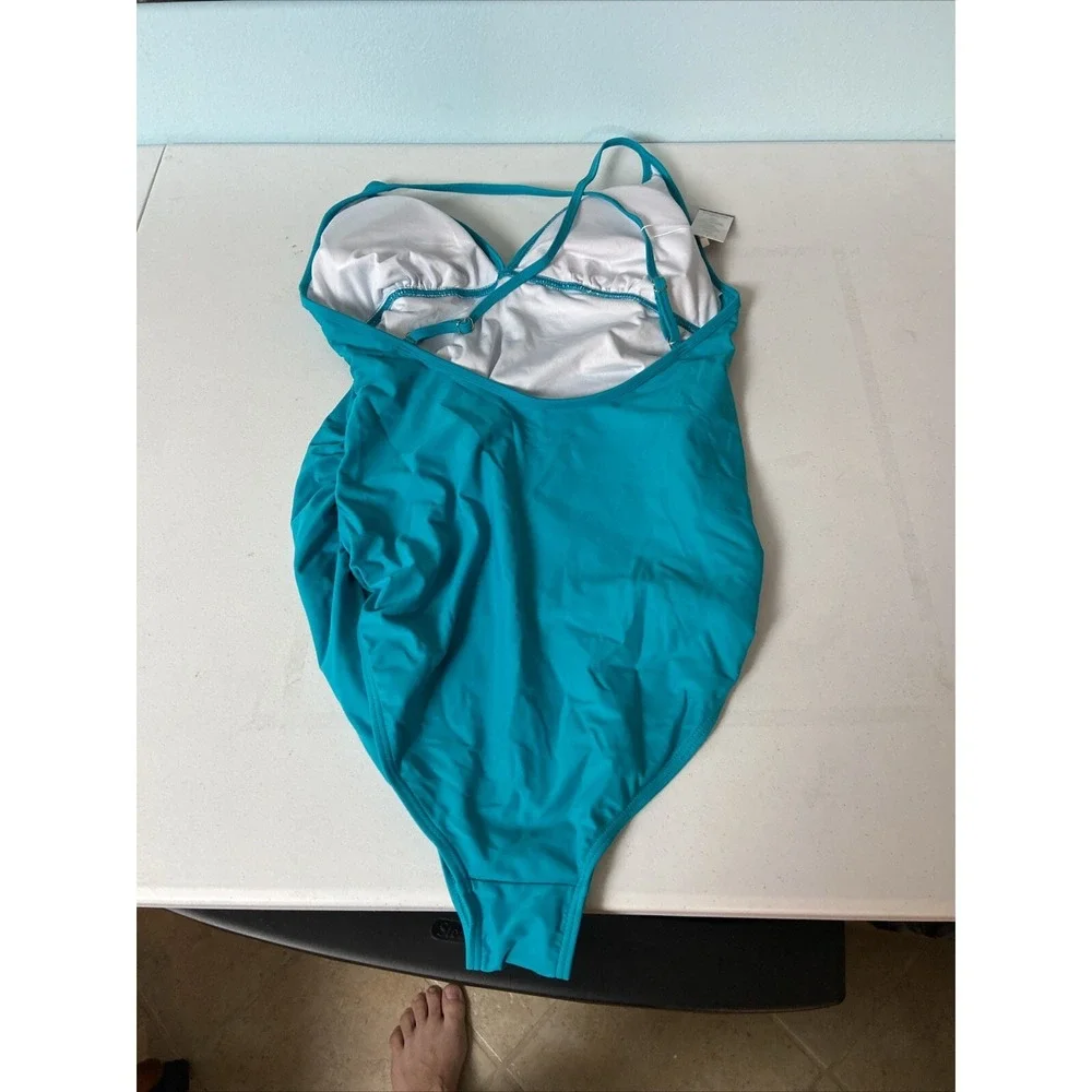 Summer Mae XL Swimsuit One Piece Womens Swimming Teal Blue Ruched V-Neck